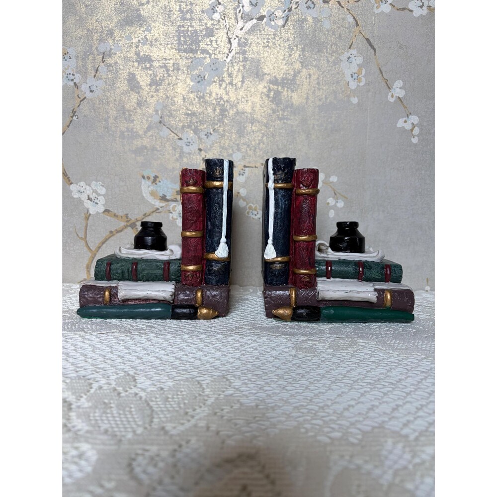 VTG Stacked Books Inkwell Bookends Pair Dark Academia Scholar Library Decor
